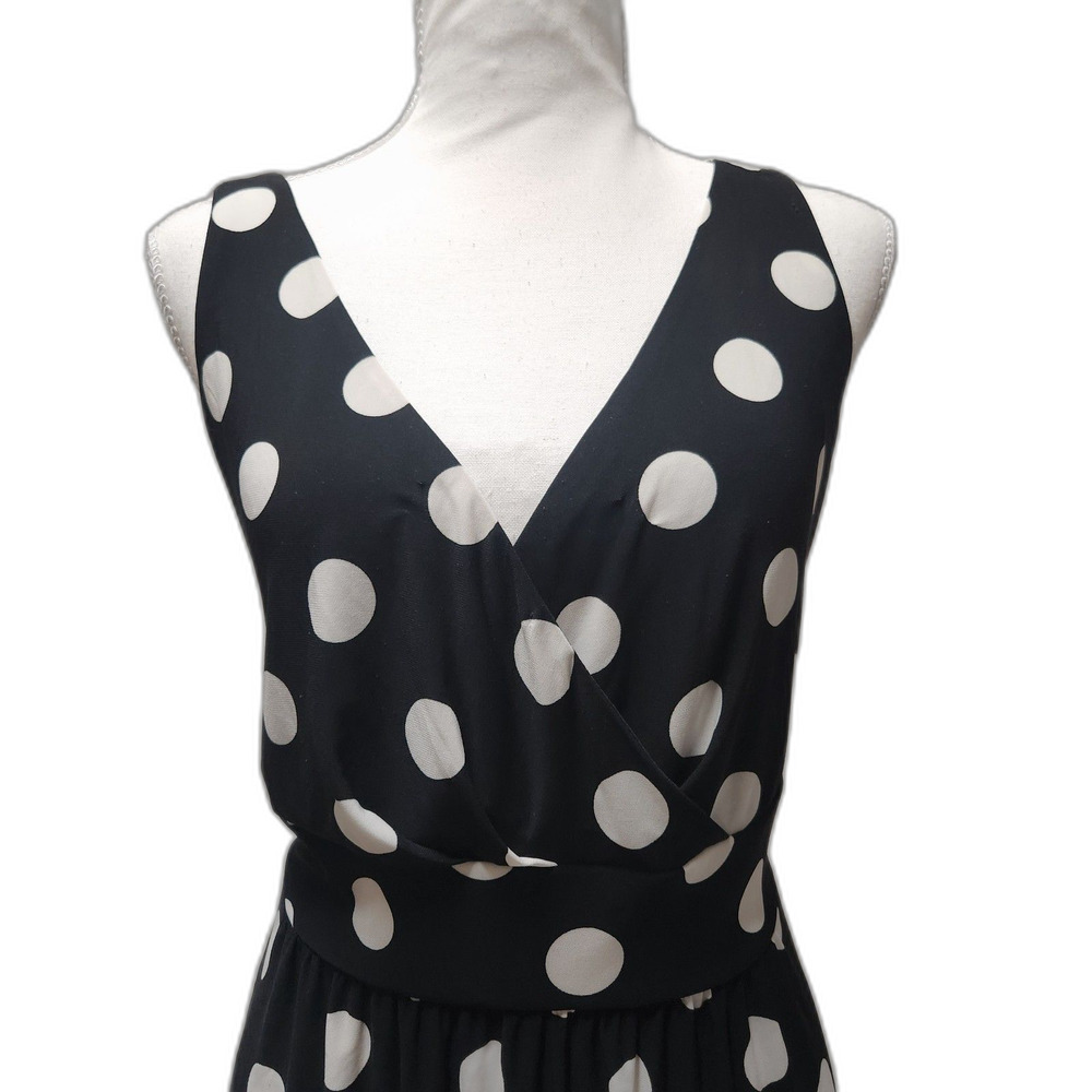 Black, White Polka Dot Chaps XL Faux Wrap Sleeveless V-Neck Midi Knit Dress